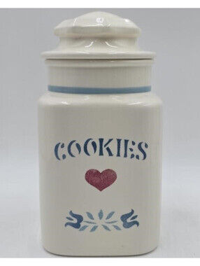 Metlox California Pottery Cookie Jar Vintage Country Heart Blue Canister White